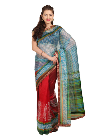 Boondh Blue Red Printed Supernet Saree