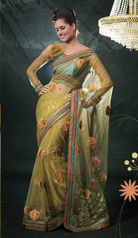 Yellow Net Classic Indian Bollywood Saree